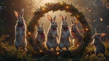 A group of rabbits surrounded by a festive wreath, creating a whimsical and joyful scene. photo