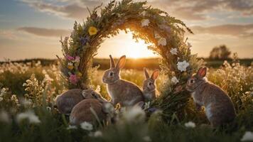 A serene scene of rabbits gathered around a floral arch during sunset in a grassy field. photo