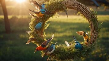 A decorative wreath with colorful birds in a natural setting during sunset. photo