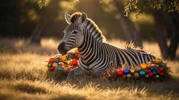A zebra lounges in a field adorned with colorful ornaments, creating a festive scene. photo