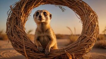 A meerkat sits in a woven circle against a desert backdrop at sunset. photo