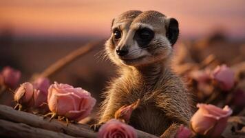 A meerkat surrounded by pink roses at sunset, creating a serene and whimsical scene. photo