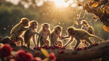 A group of playful monkeys gathered on a branch, surrounded by flowers and sunlight. photo