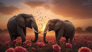 Two elephants amidst a field of roses at sunset, creating a serene and enchanting scene. photo