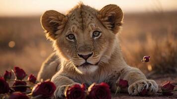 A lion cub surrounded by roses in a serene landscape at sunset. photo