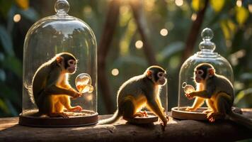 Three monkeys inside glass domes, interacting with bubbles in a lush, sunlit environment. photo