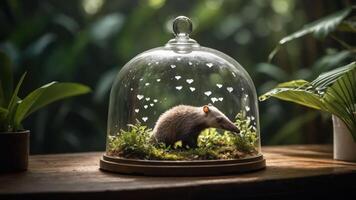 A small animal under a glass dome surrounded by greenery and hearts, creating a whimsical scene. photo