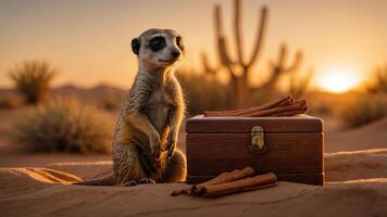 A meerkat sits beside a wooden chest and cinnamon sticks in a desert landscape at sunset. photo