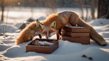 Two red foxes exploring a wooden box in a snowy landscape. photo