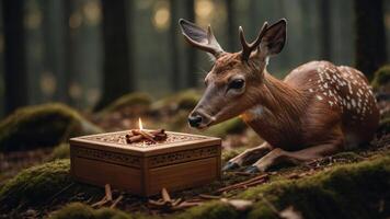 A deer curiously approaches a wooden box with a candle in a serene forest setting. photo