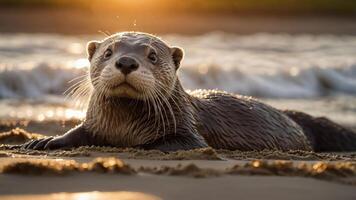 A close-up of an otter resting on the beach at sunset, showcasing its playful expression. photo