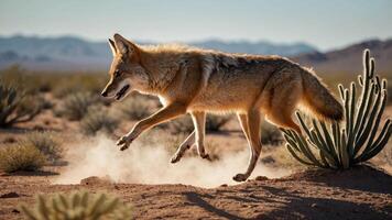 A coyote leaps playfully across a sandy desert landscape, surrounded by sparse vegetation. photo