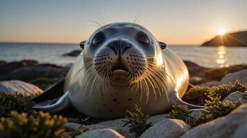 A close-up of a seal resting on rocks by the ocean during sunset. photo