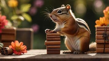 A chipmunk stands on a stack of books surrounded by colorful flowers in a serene setting. photo