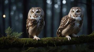 Two owls perched on a mossy branch in a forest setting. photo