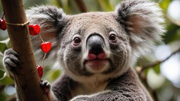 A close-up of a koala perched on a tree branch surrounded by greenery and decorative hearts. photo