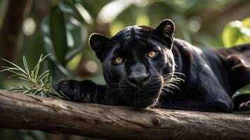A close-up of a black panther resting on a branch amidst lush greenery. photo