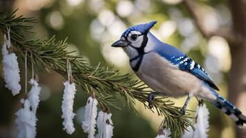 A blue jay perched on a branch adorned with white decorations in a natural setting. photo