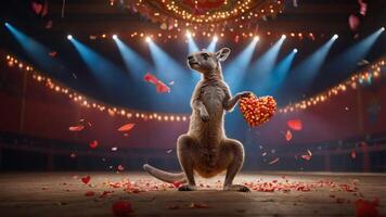 A kangaroo holds a heart-shaped object amidst a festive, colorful circus setting. photo