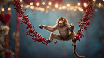 A playful monkey swings on a vine adorned with red berries, set in a whimsical background. photo