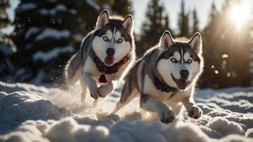 Two playful huskies running through snowy terrain, capturing a joyful winter moment. photo