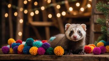 un hurón rodeado por vistoso pompones, creando un juguetón y festivo atmósfera. foto