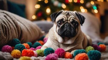 A pug resting on colorful pom-poms with a festive background. photo