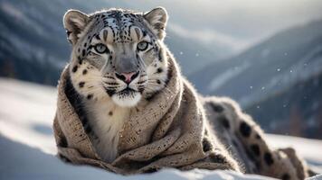A snow leopard wrapped in a blanket, resting in a snowy mountain landscape. photo