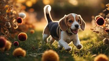 A playful beagle puppy running joyfully through a grassy field surrounded by colorful decorations. photo