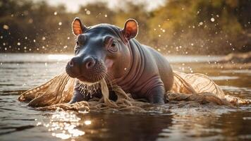 A young hippopotamus wades through a river, creating splashes in the warm sunlight. photo