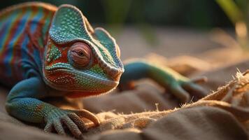 A colorful chameleon resting on a textured surface in natural light. photo