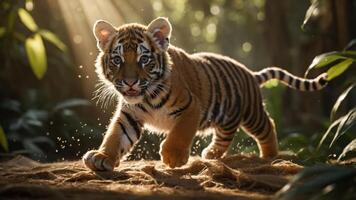 A playful tiger cub running through a sunlit jungle, capturing the essence of wildlife. photo