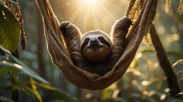 A sloth relaxing in a hammock surrounded by lush greenery and sunlight. photo