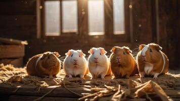 Five guinea pigs sitting together on a rustic surface with soft lighting. photo