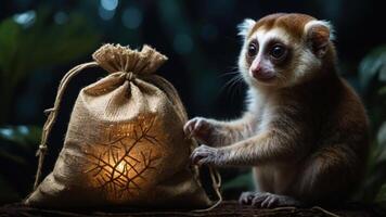 A curious monkey interacts with a glowing bag in a lush, green environment. photo