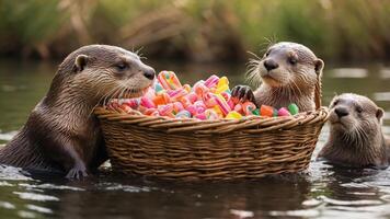 Three otters playfully carrying a basket filled with colorful objects in a serene water setting. photo