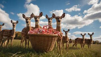 A group of deer surrounding a basket filled with candy canes in a sunny field. photo