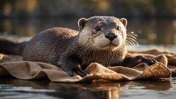 A close-up of an otter resting on a textured surface by the water. photo