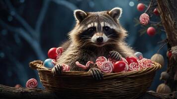 A raccoon sitting in a basket filled with colorful candies in a forest setting. photo