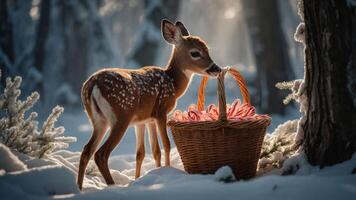 A fawn beside a basket filled with candy canes in a snowy forest setting. photo