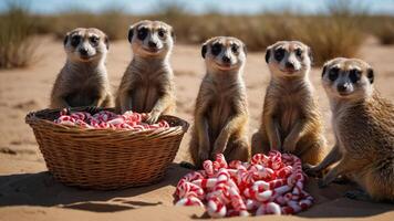 Five meerkats gather around a basket filled with red and white striped candy canes in the desert. photo