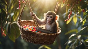 A monkey sitting in a basket filled with colorful candies, surrounded by greenery. photo