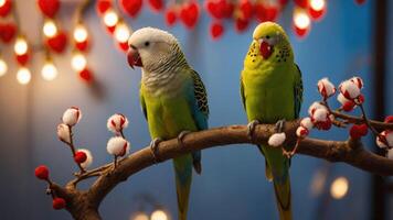 Two colorful budgerigars perched on a branch with decorative hearts in the background. photo