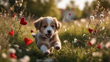 A playful puppy runs through a field adorned with flowers and heart decorations. photo