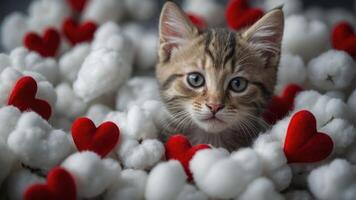 A playful kitten surrounded by soft cotton and red hearts, evoking warmth and affection. photo
