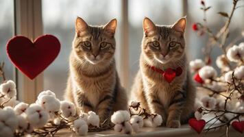 Two cats with heart decorations surrounded by cotton, creating a cozy, romantic atmosphere. photo