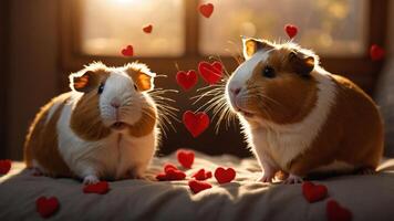 Two guinea pigs surrounded by floating red hearts, conveying a theme of love and affection. photo