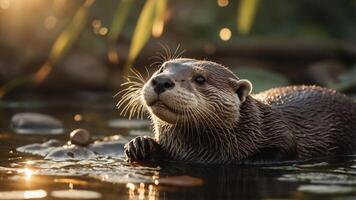 A serene otter resting on rocks in a sunlit water setting. photo
