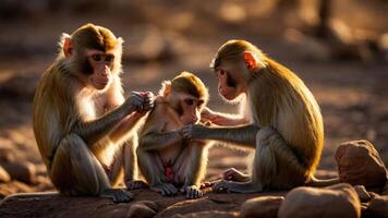 Three monkeys interacting in a natural setting, showcasing social behavior and bonding. photo