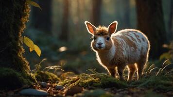 A cute animal stands in a sunlit forest, surrounded by greenery and soft light. photo